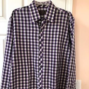 Purple and black plaid button down dress shirt men